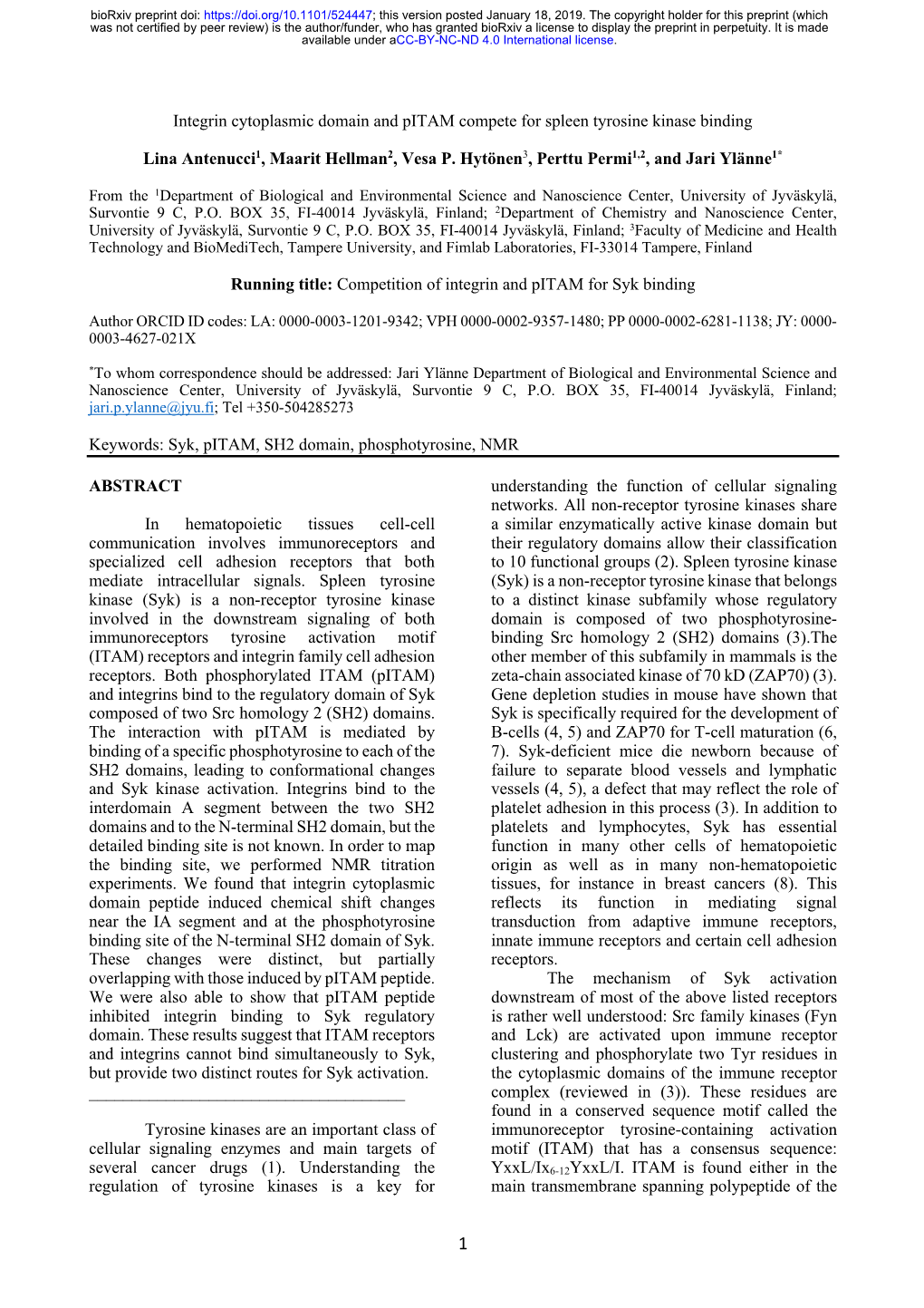 Integrin Cytoplasmic Domain and Pitam Compete for Spleen Tyrosine Kinase Binding