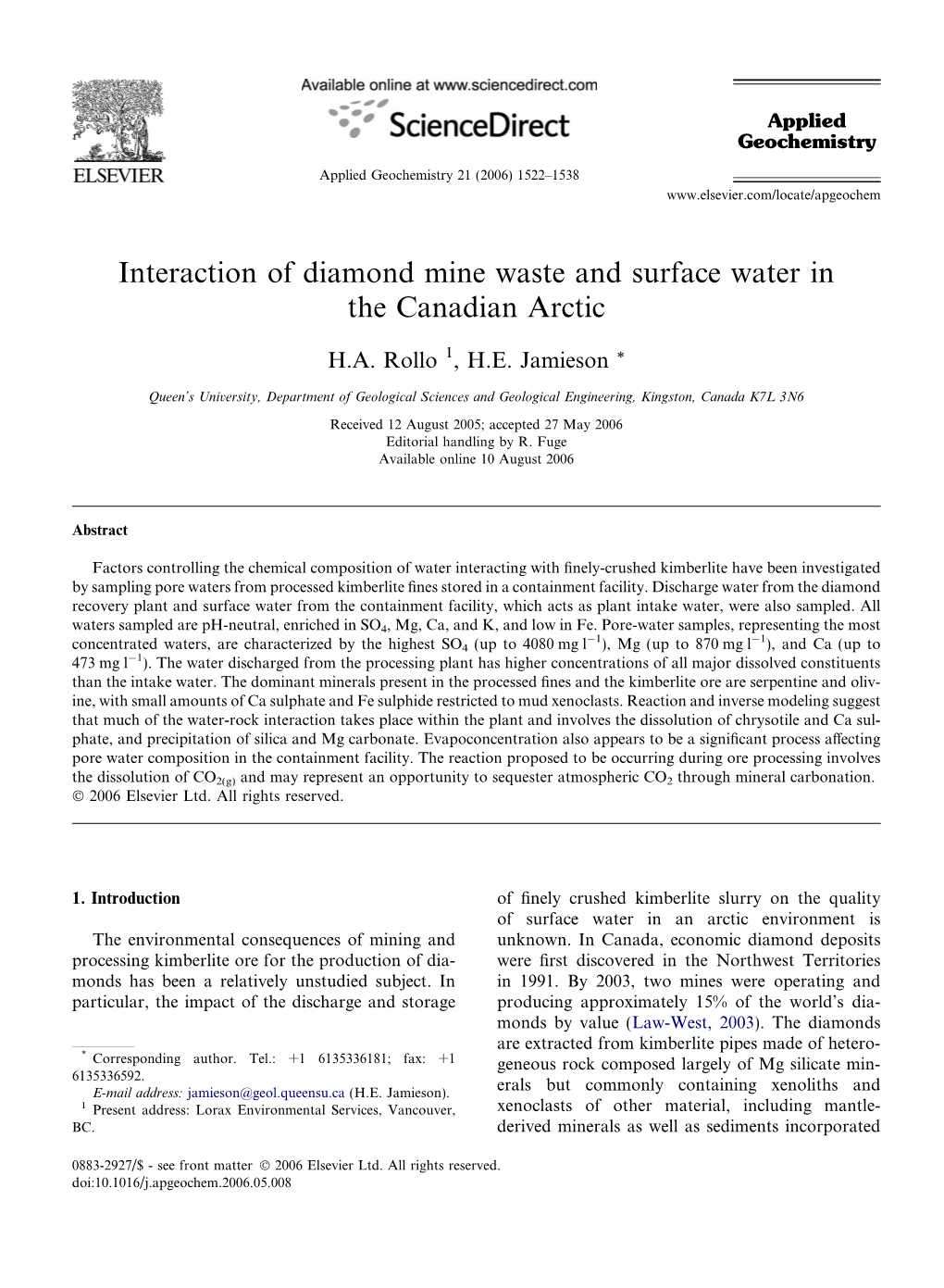Interaction of Diamond Mine Waste and Surface Water in the Canadian Arctic