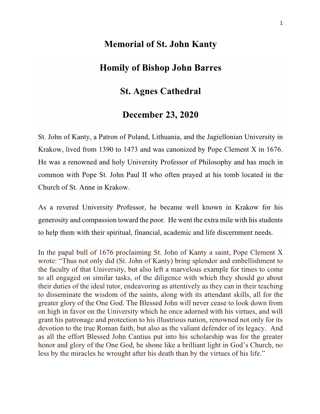 Memorial of St. John Kanty Homily of Bishop John Barres St. Agnes