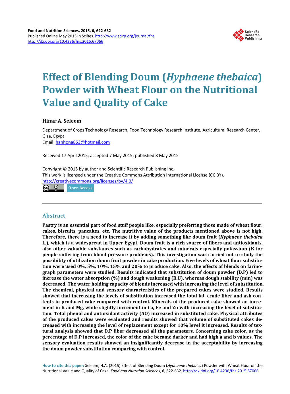 Effect of Blending Doum (Hyphaene Thebaica) Powder with Wheat Flour on the Nutritional Value and Quality of Cake