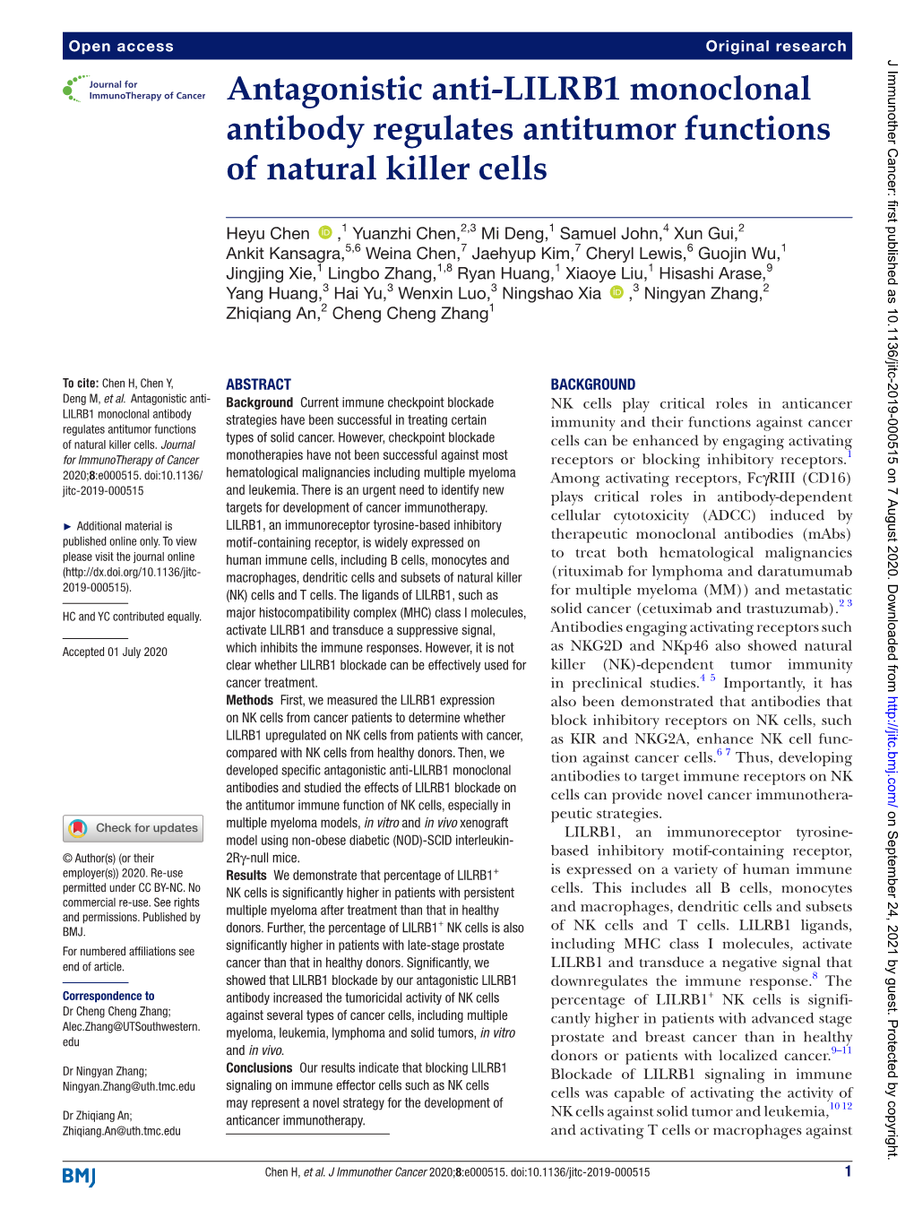 Antagonistic Anti-LILRB1 Monoclonal Antibody Regulates Antitumor Functions of Natural Killer Cells
