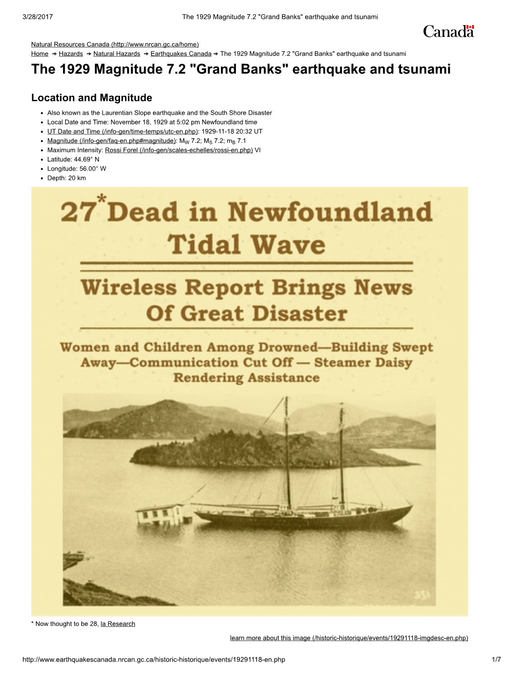 "Grand Banks" Earthquake and Tsunami