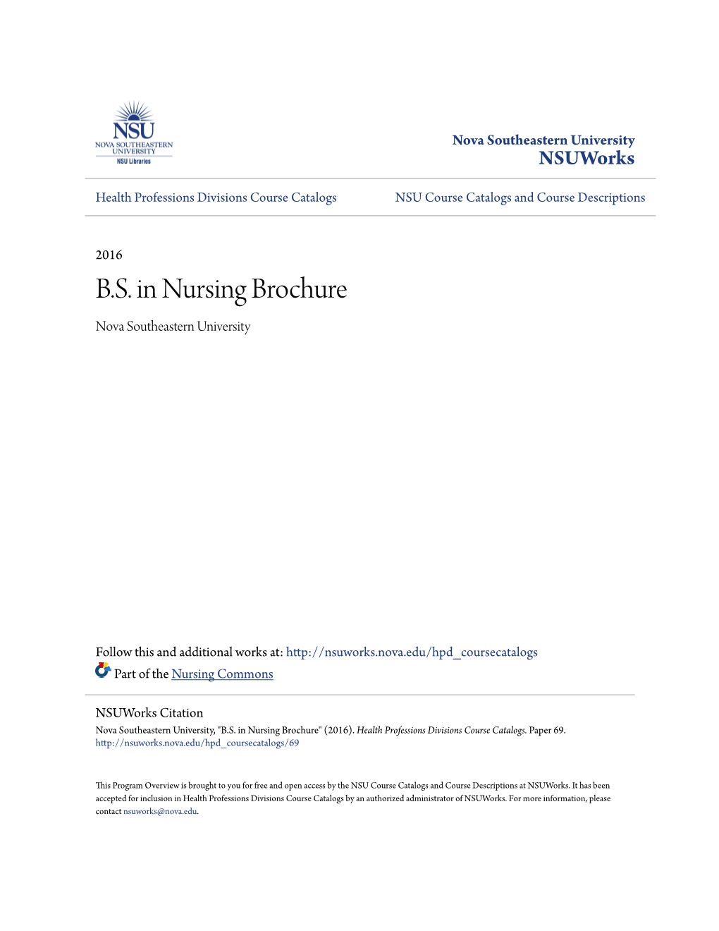 B.S. in Nursing Brochure Nova Southeastern University