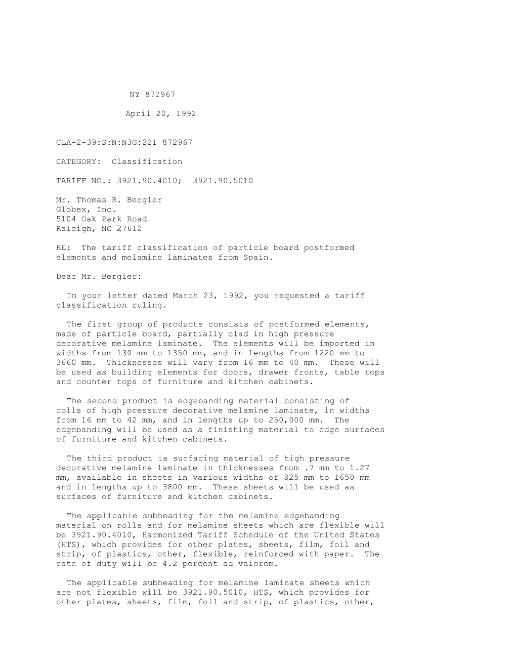 RE: the Tariff Classification of Particle Board Postformed