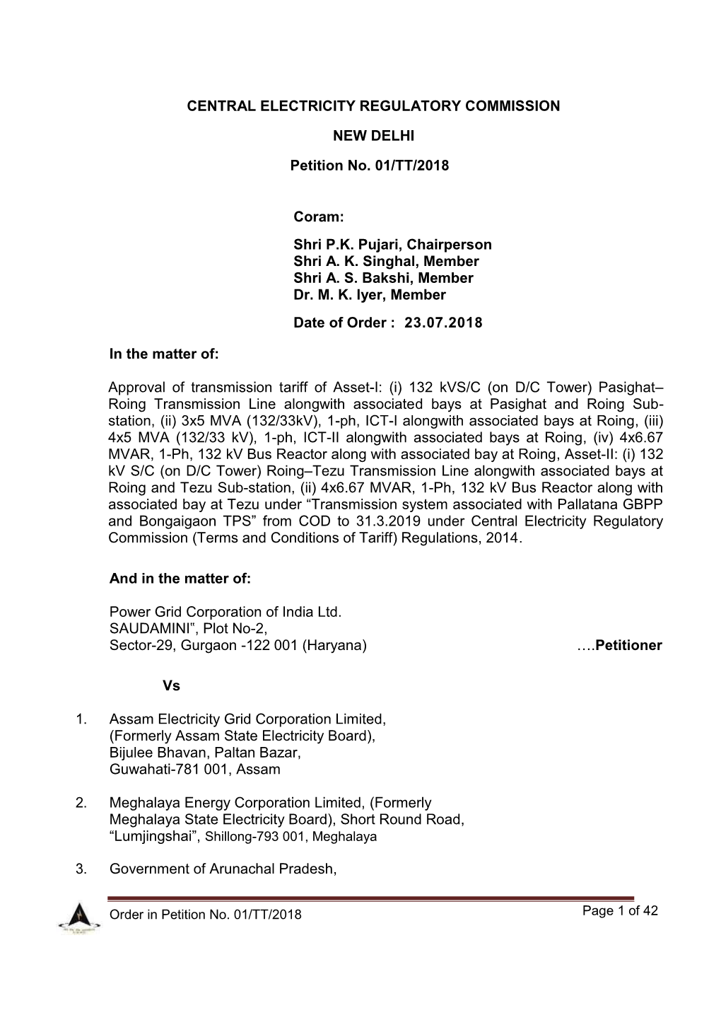 Approval of Transmission Tariff of Asset-I