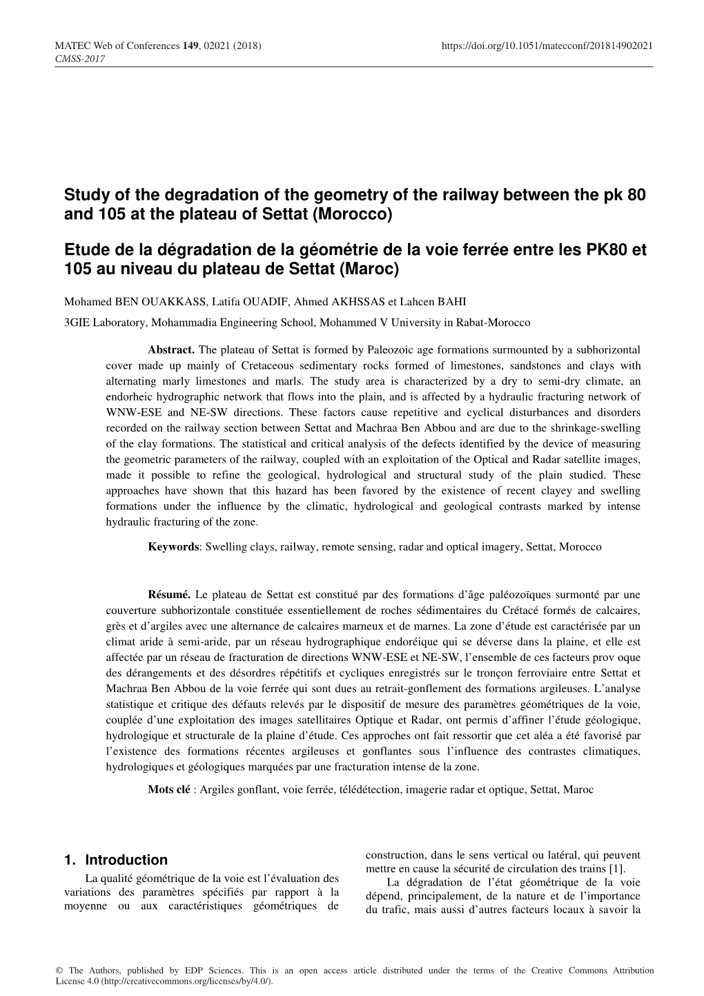 Study of the Degradation of the Geometry of the Railway Between the Pk 80 and 105 at the Plateau of Settat (Morocco)