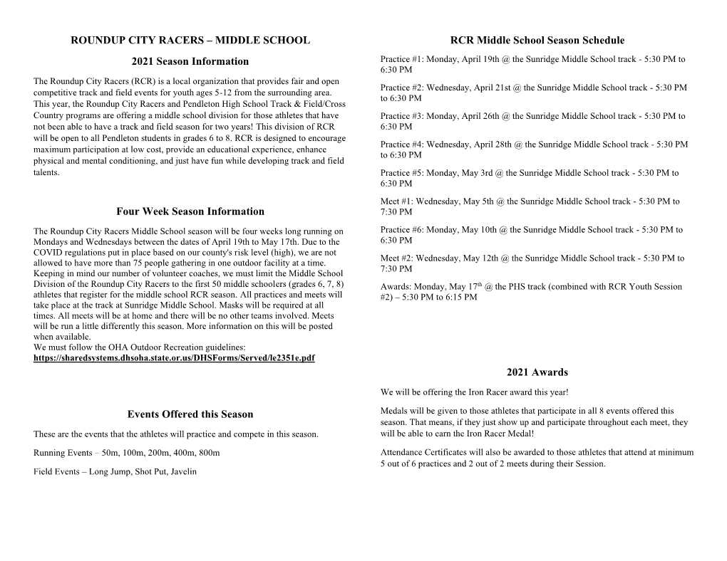 RCR Middle School 2021 Season Info