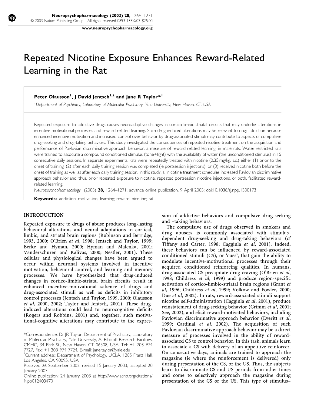 Repeated Nicotine Exposure Enhances Reward-Related Learning in the Rat