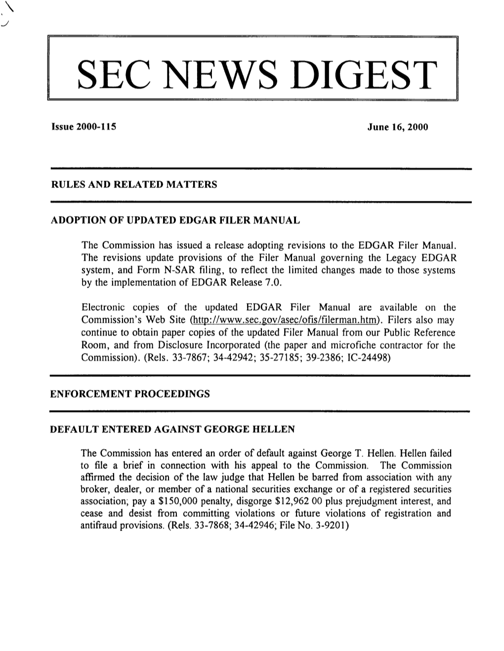 SEC News Digest, 06-16-2000