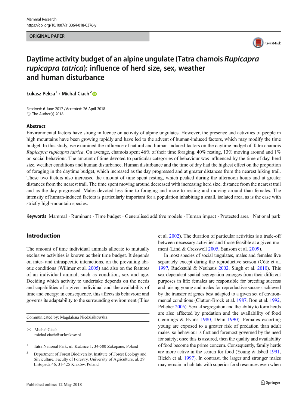 Tatra Chamois Rupicapra Rupicapra Tatrica): Influence of Herd Size, Sex, Weather and Human Disturbance