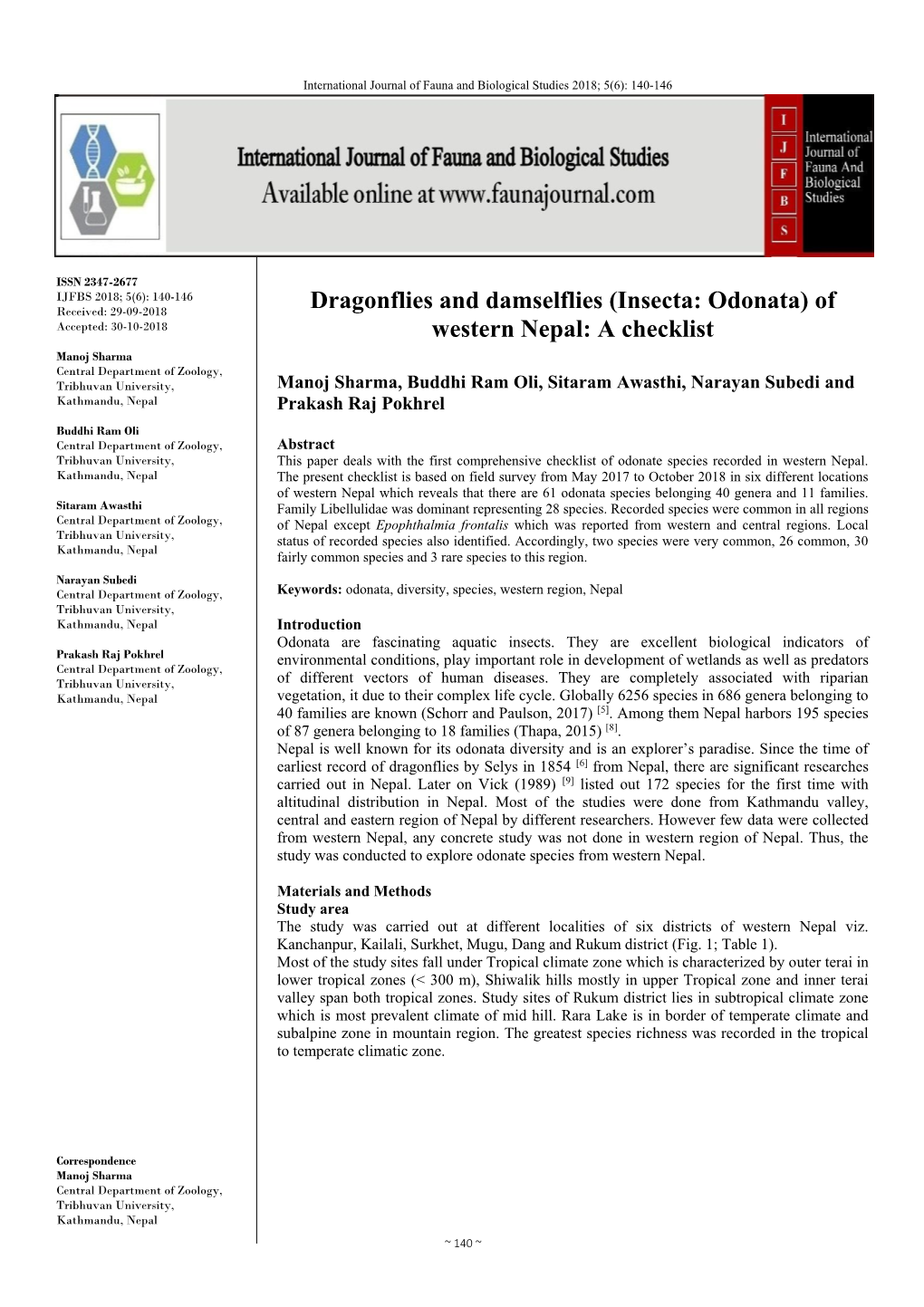 Insecta: Odonata) of Accepted: 30-10-2018 Western Nepal: a Checklist