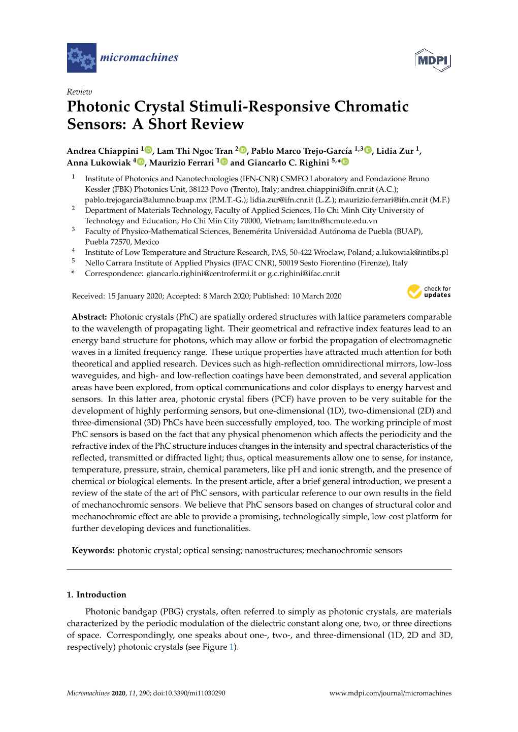 Photonic Crystal Stimuli-Responsive Chromatic Sensors: a Short Review