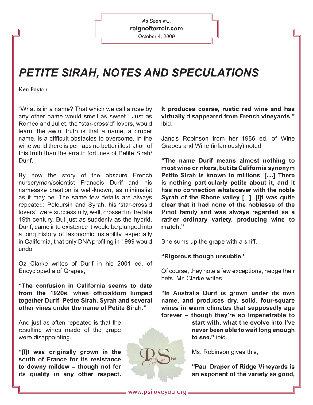 Petite Sirah, Notes and Speculations