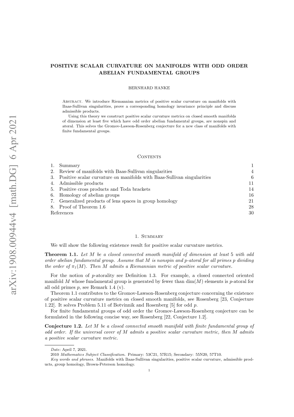 Arxiv:1908.00944V4 [Math.DG] 6 Apr 2021 Manifold H Re of Order the Omltdi H Olwn Ocs A,Sersneg[2 Conject [22, 1.2