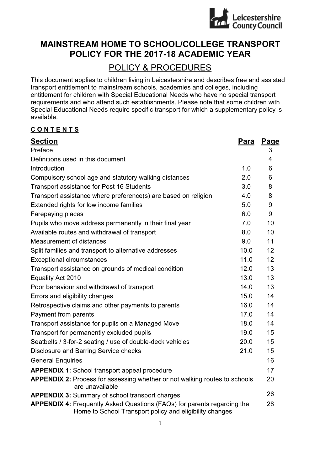 Home to School/College Transport Policy 2017-18