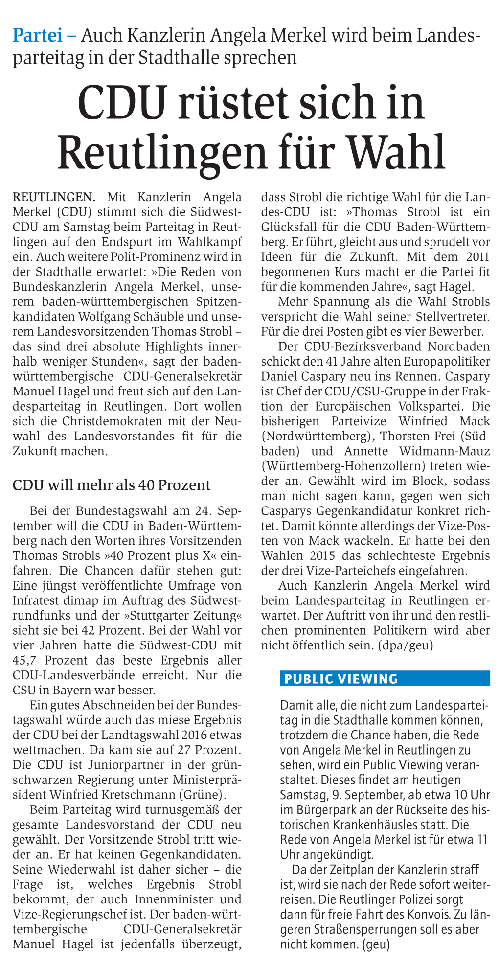 CDU Rüstet Sich in Reutlingen Für Wahl REUTLINGEN