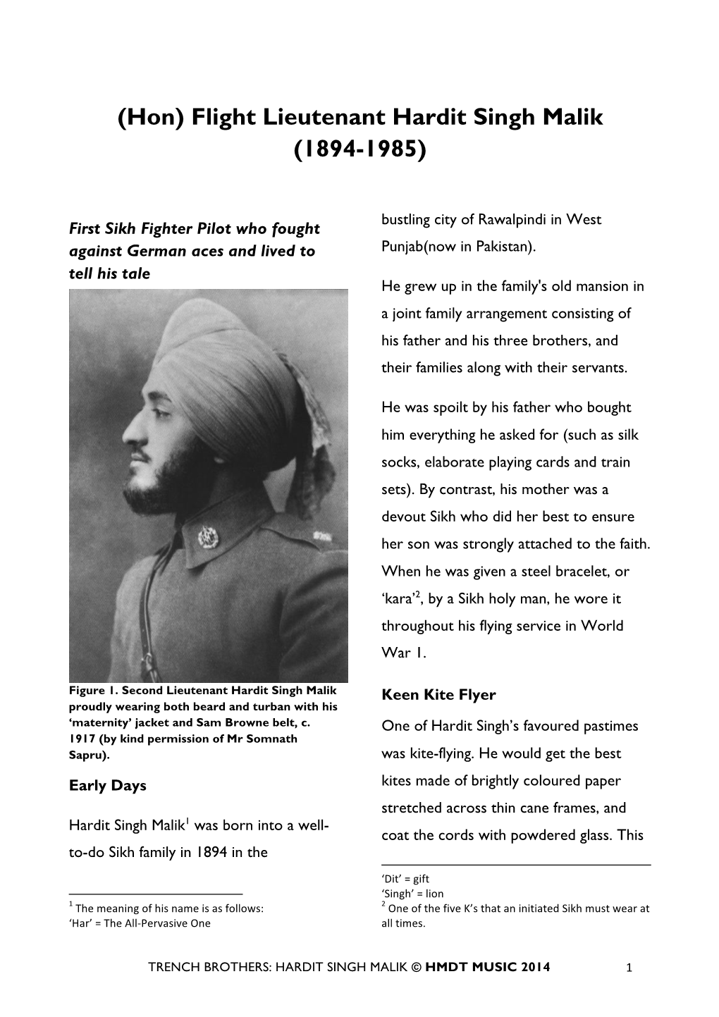 Hon) Flight Lieutenant Hardit Singh Malik (1894-1985