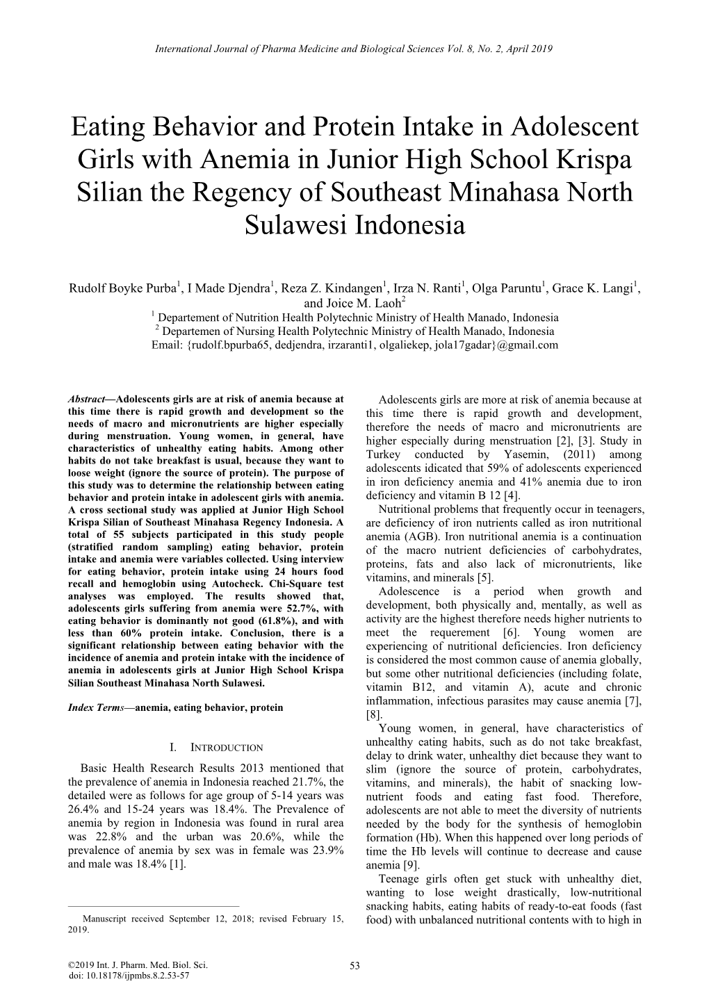 Eating Behavior and Protein Intake in Adolescent Girls with Anemia in Junior High School Krispa Silian the Regency of Southeast Minahasa North Sulawesi Indonesia