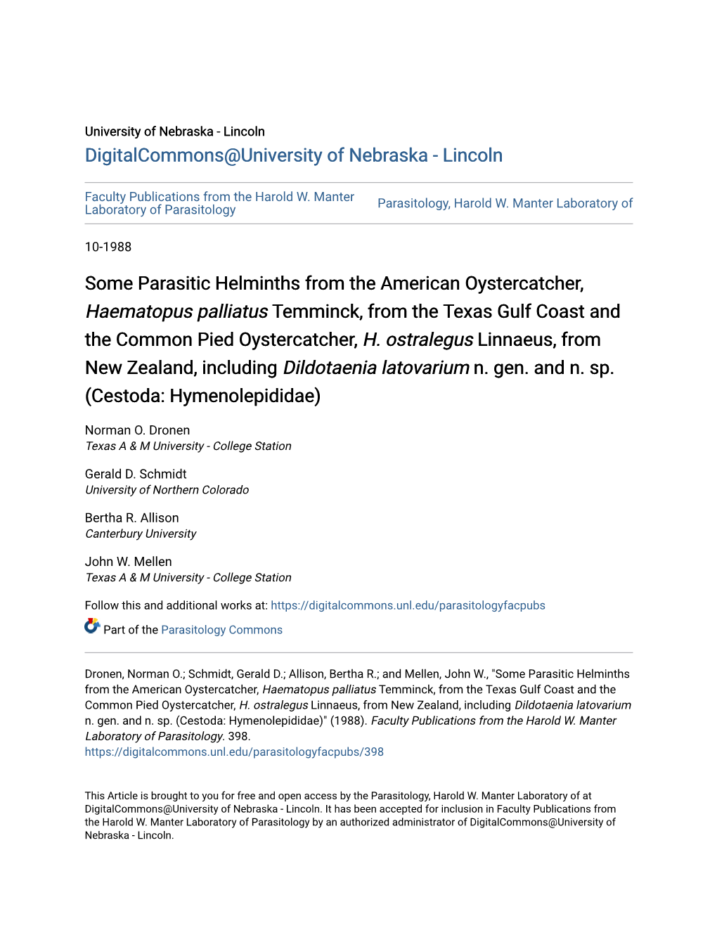 Some Parasitic Helminths from the American Oystercatcher, Haematopus Palliatus Temminck, from the Texas Gulf Coast and the Common Pied Oystercatcher, H