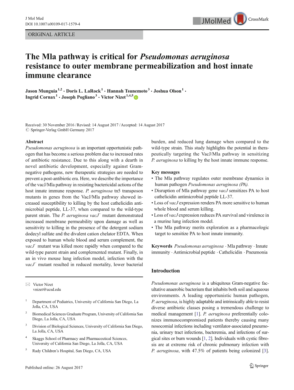 The Mla Pathway Is Critical for Pseudomonas Aeruginosa Resistance to Outer Membrane Permeabilization and Host Innate Immune Clearance