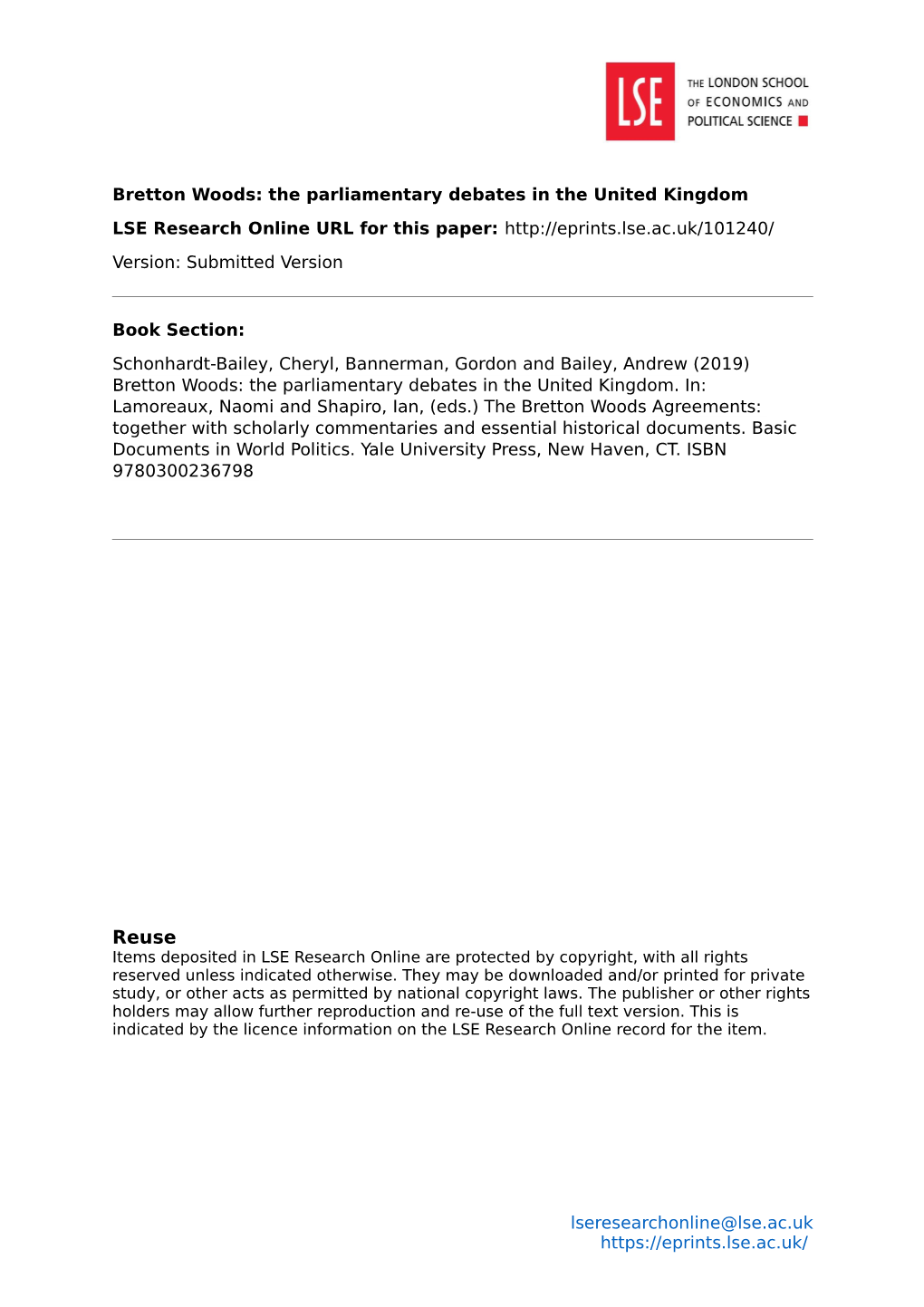 Bretton Woods: the Parliamentary Debates in the United Kingdom LSE Research Online URL for This Paper: Version: Submitted Version