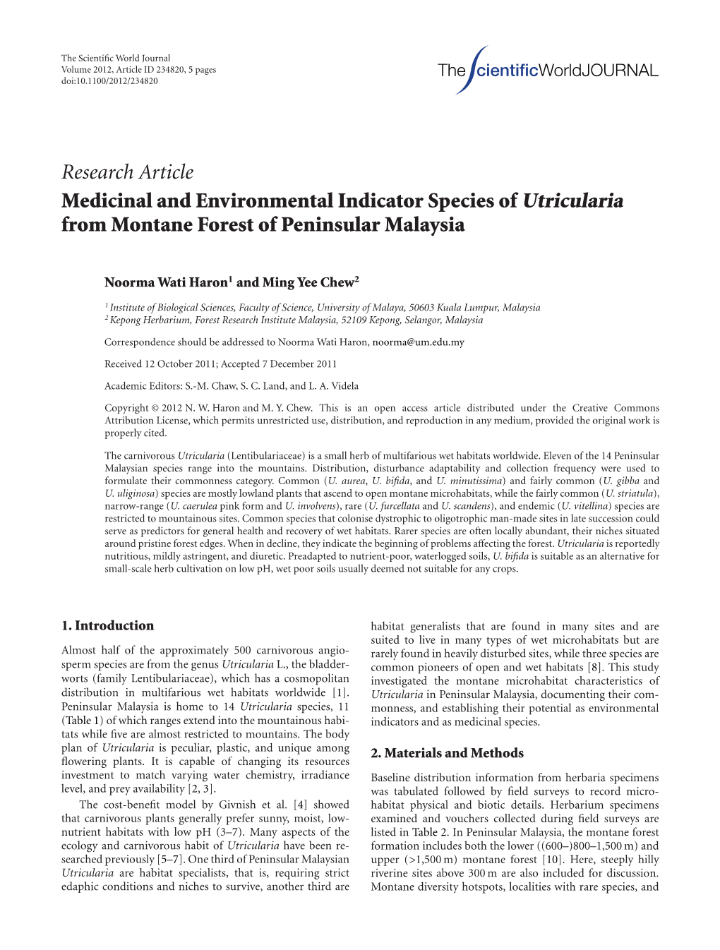 Research Article Medicinal and Environmental Indicator Species of Utricularia from Montane Forest of Peninsular Malaysia