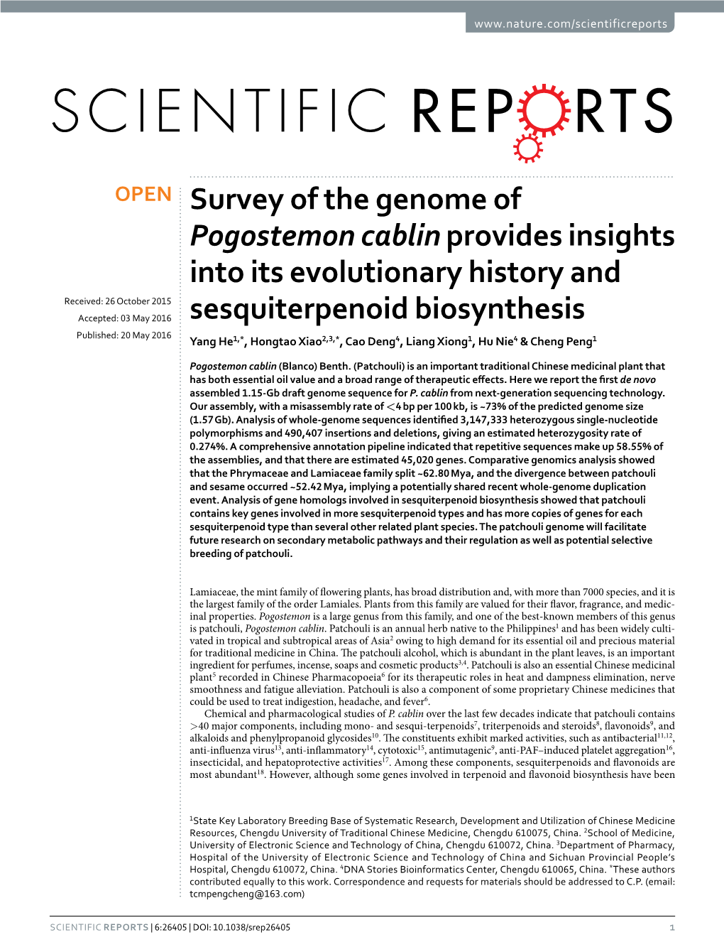 Survey of the Genome of Pogostemon Cablin Provides Insights Into Its Evolutionary History and Sesquiterpenoid Biosynthesis