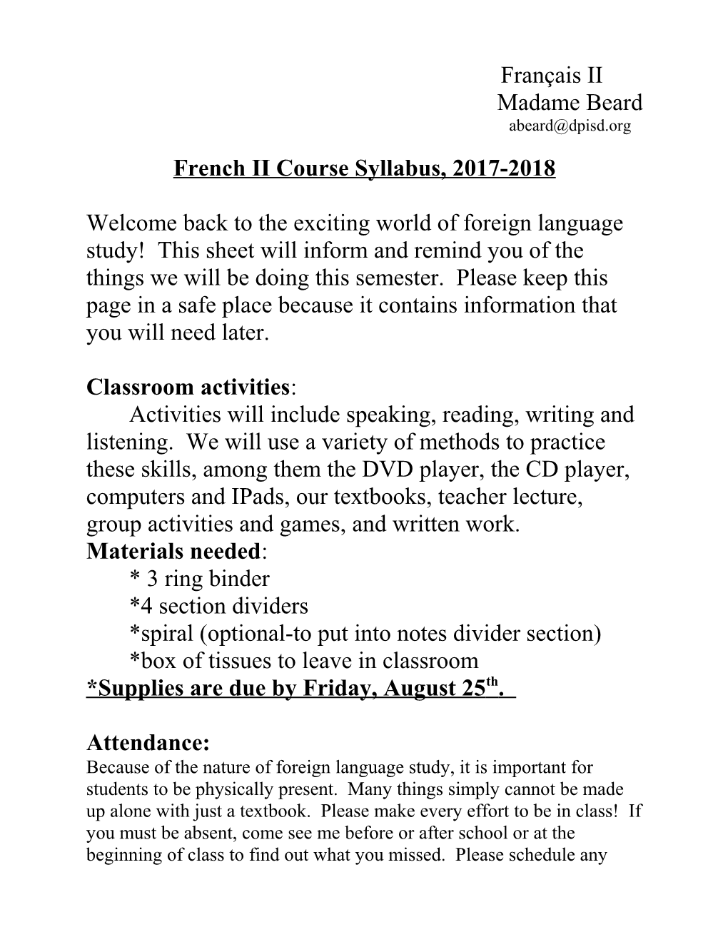 French II Course Syllabus, 2017-2018