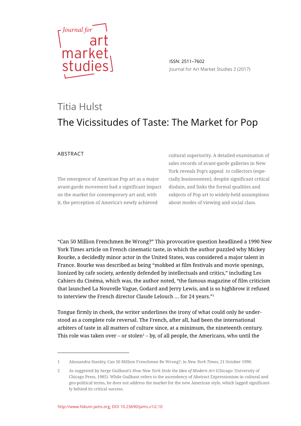 Titia Hulst the Vicissitudes of Taste: the Market for Pop