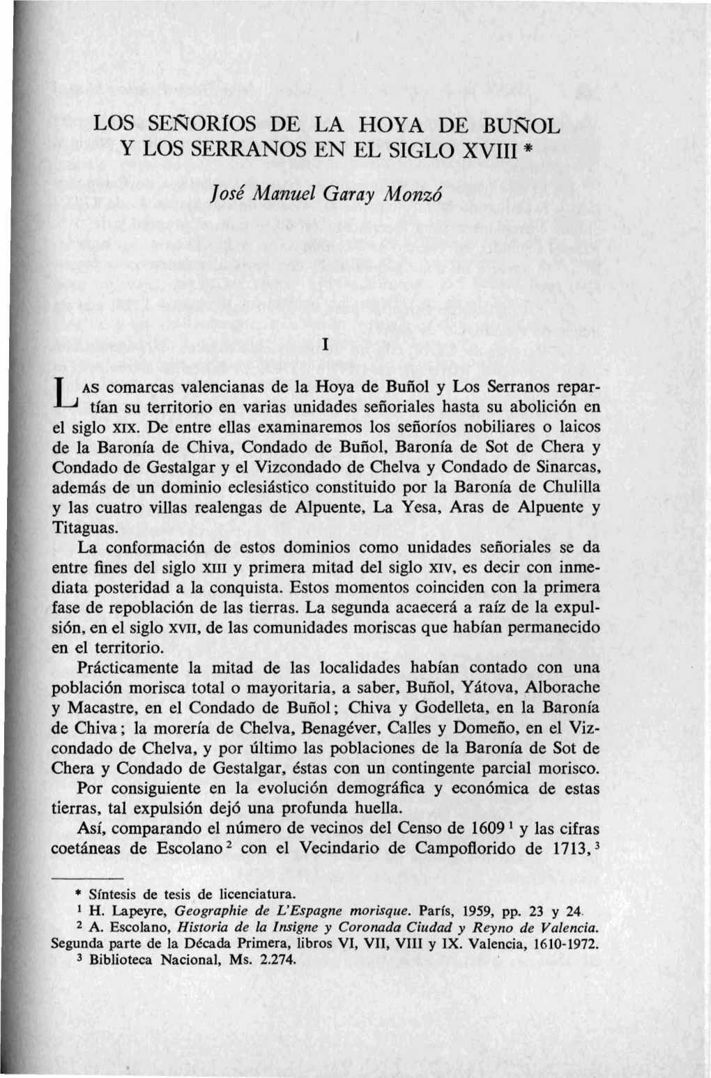 LOS SERORÍOS DE LA HOYA DE BUROL Y LOS SERRANOS EN EL SIGLO XVIII * José Manuel Garay Monzó