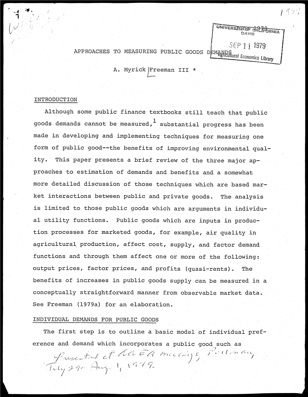 Sep I 1979 APPROACHES to MEASURING PUBLIC GOODS D Muipulural Economics Library