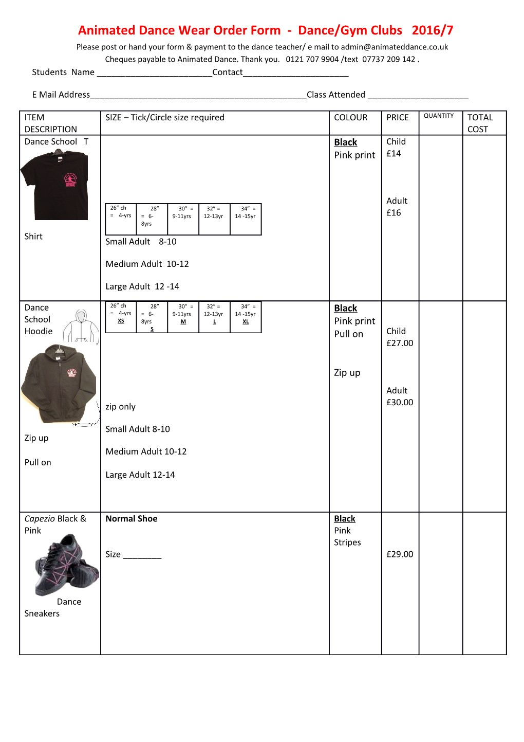 Animated Dance Wear Order Form - Dance/Gym Clubs 2016/7