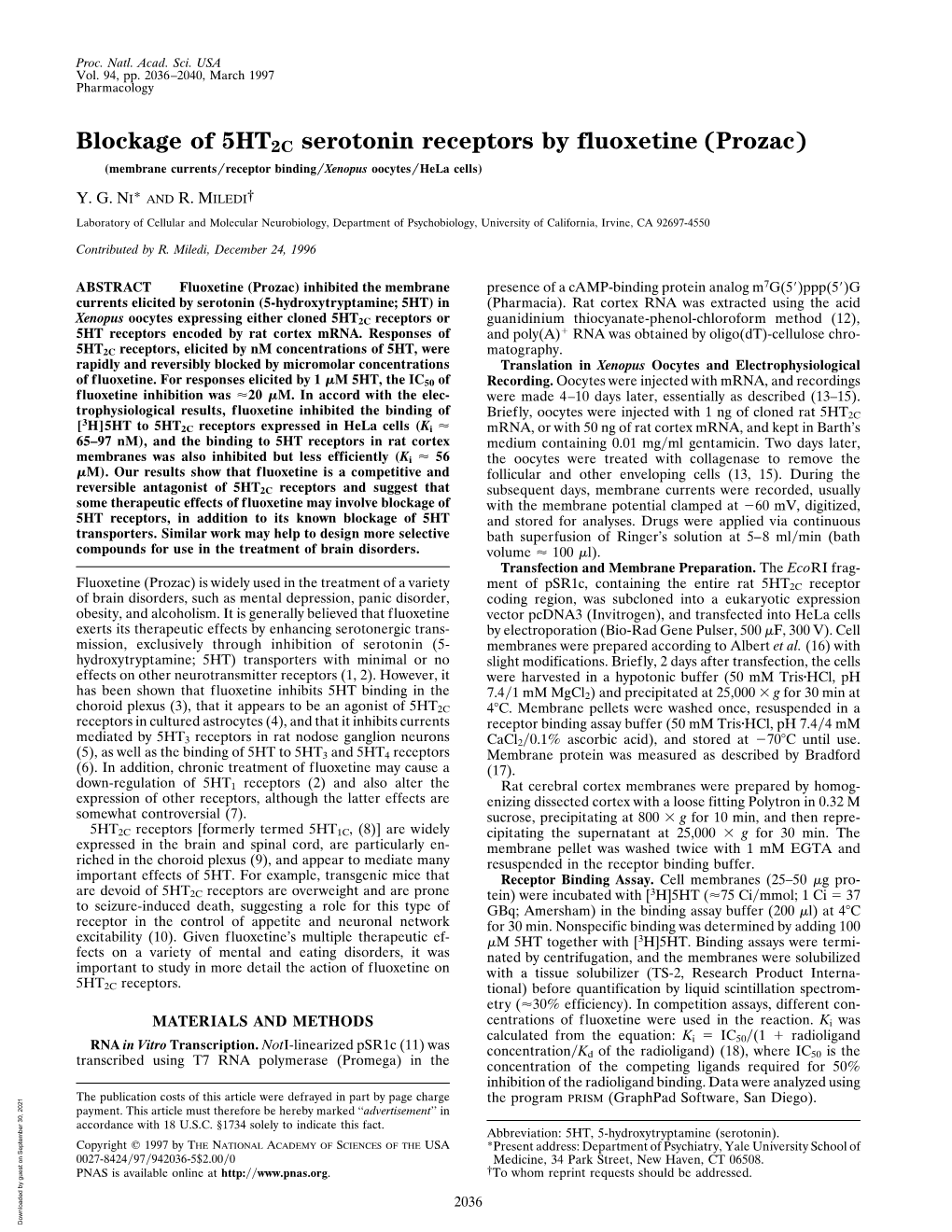 Blockage of 5HT2C Serotonin Receptors by Fluoxetine (Prozac) (Membrane Currents͞receptor Binding͞xenopus Oocytes͞hela Cells)