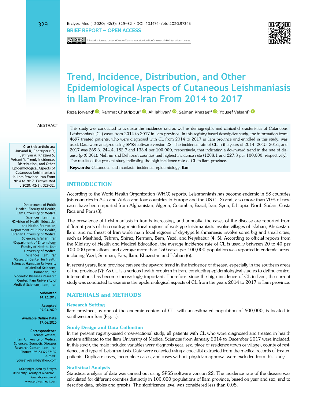 Trend, Incidence, Distribution, and Other Epidemiological Aspects of Cutaneous Leishmaniasis in Ilam Province-Iran from 2014 to 2017