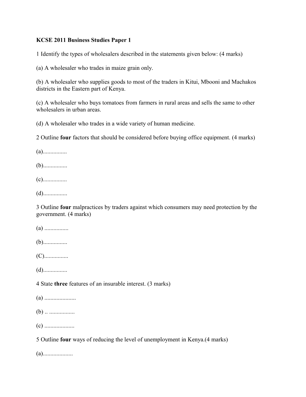 KCSE 2011 Business Studies Paper 1