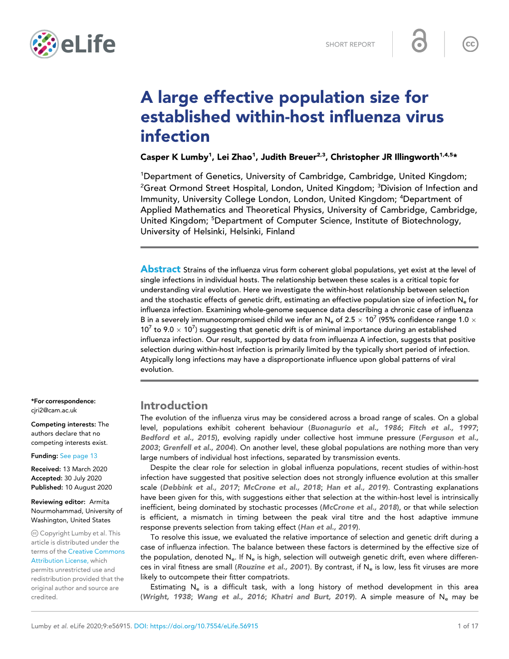 A Large Effective Population Size for Established Within-Host Influenza Virus Infection Casper K Lumby1, Lei Zhao1, Judith Breuer2,3, Christopher JR Illingworth1,4,5*