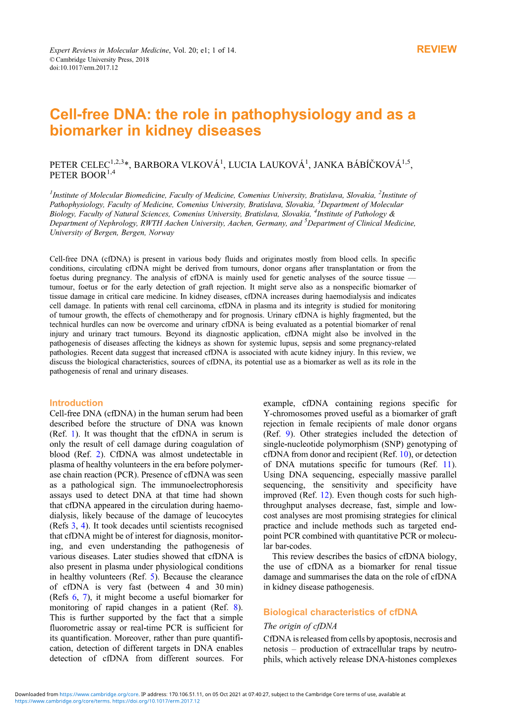 Cell-Free DNA: the Role in Pathophysiology and As a Biomarker in Kidney Diseases