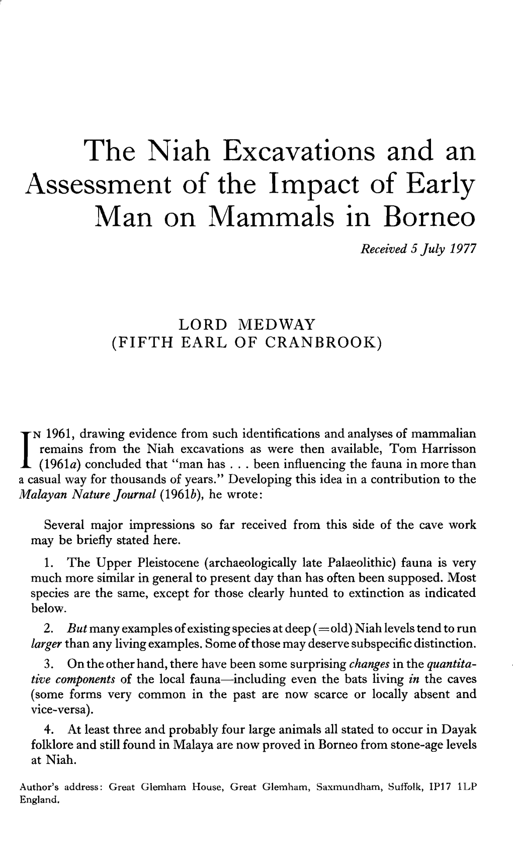 The Niah Excavations Al1d Al1 Assessment of the Impact of Early Man on Mammals in Borneo Received 5 July 1977