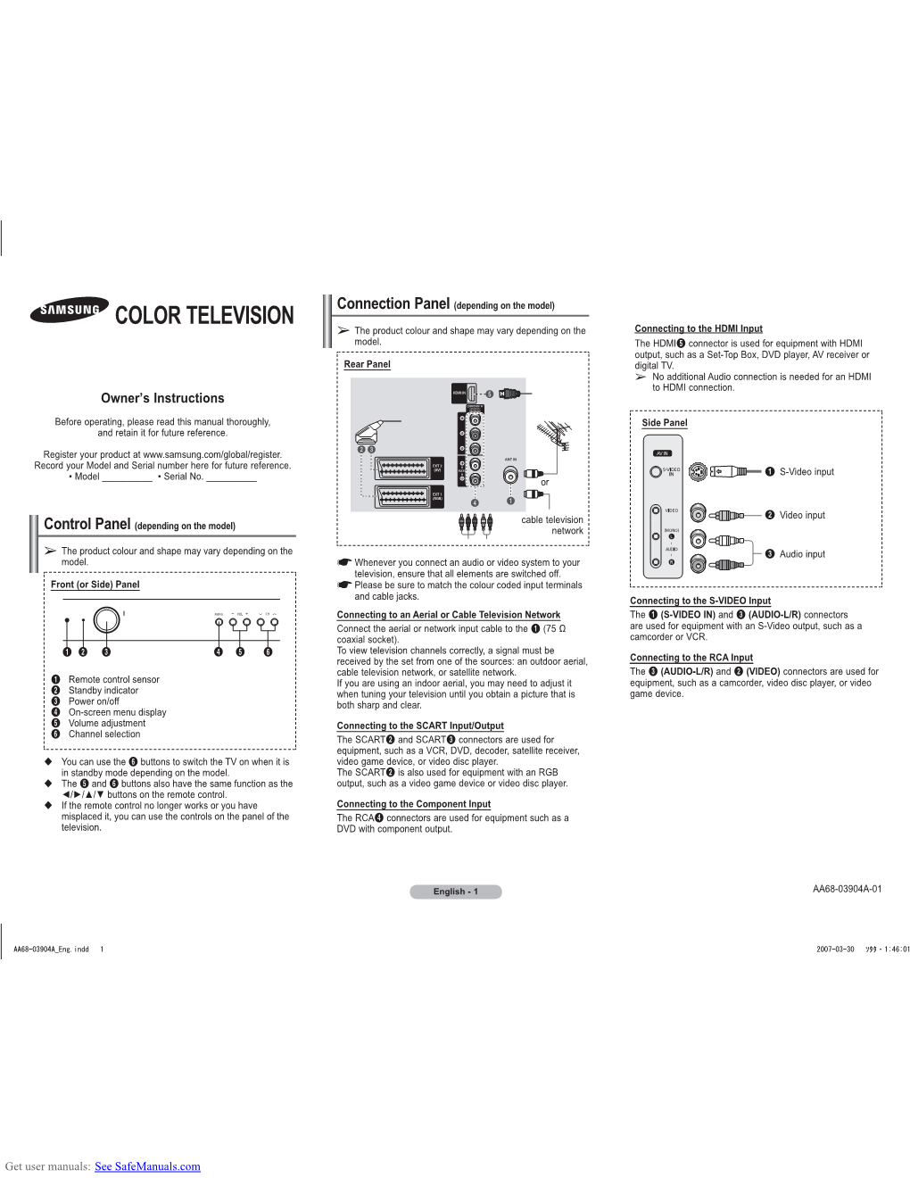 COLOR TELEVISION ➢ the Product Colour and Shape May Vary Depending on the Connecting to the HDMI Input Model