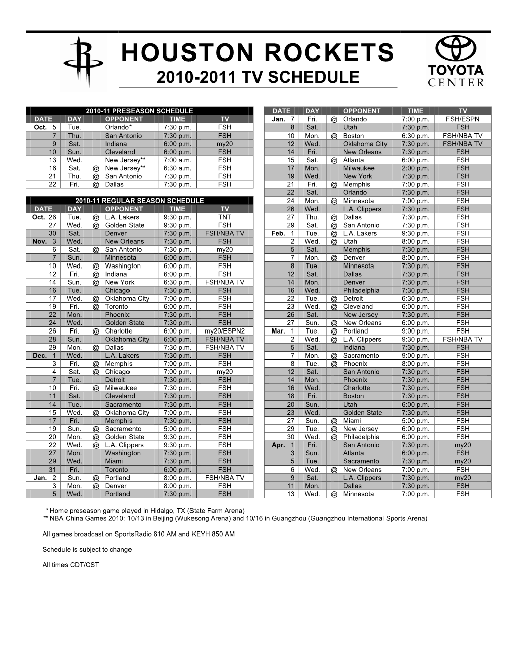 Houston Rockets 2010-2011 Tv Schedule