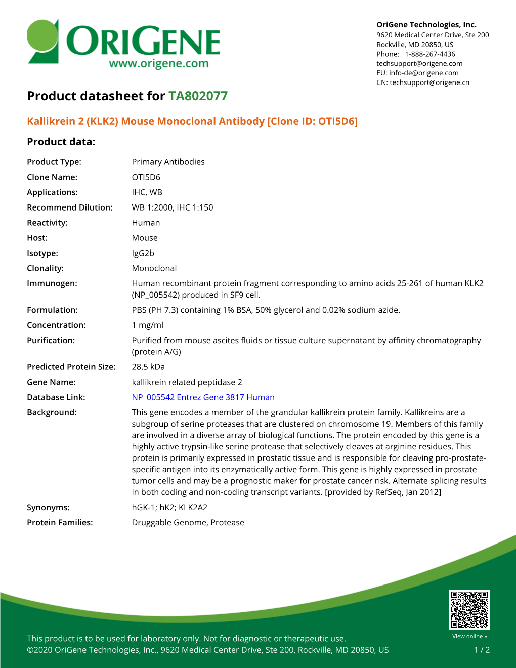 Kallikrein 2 (KLK2) Mouse Monoclonal Antibody [Clone ID: OTI5D6] Product Data