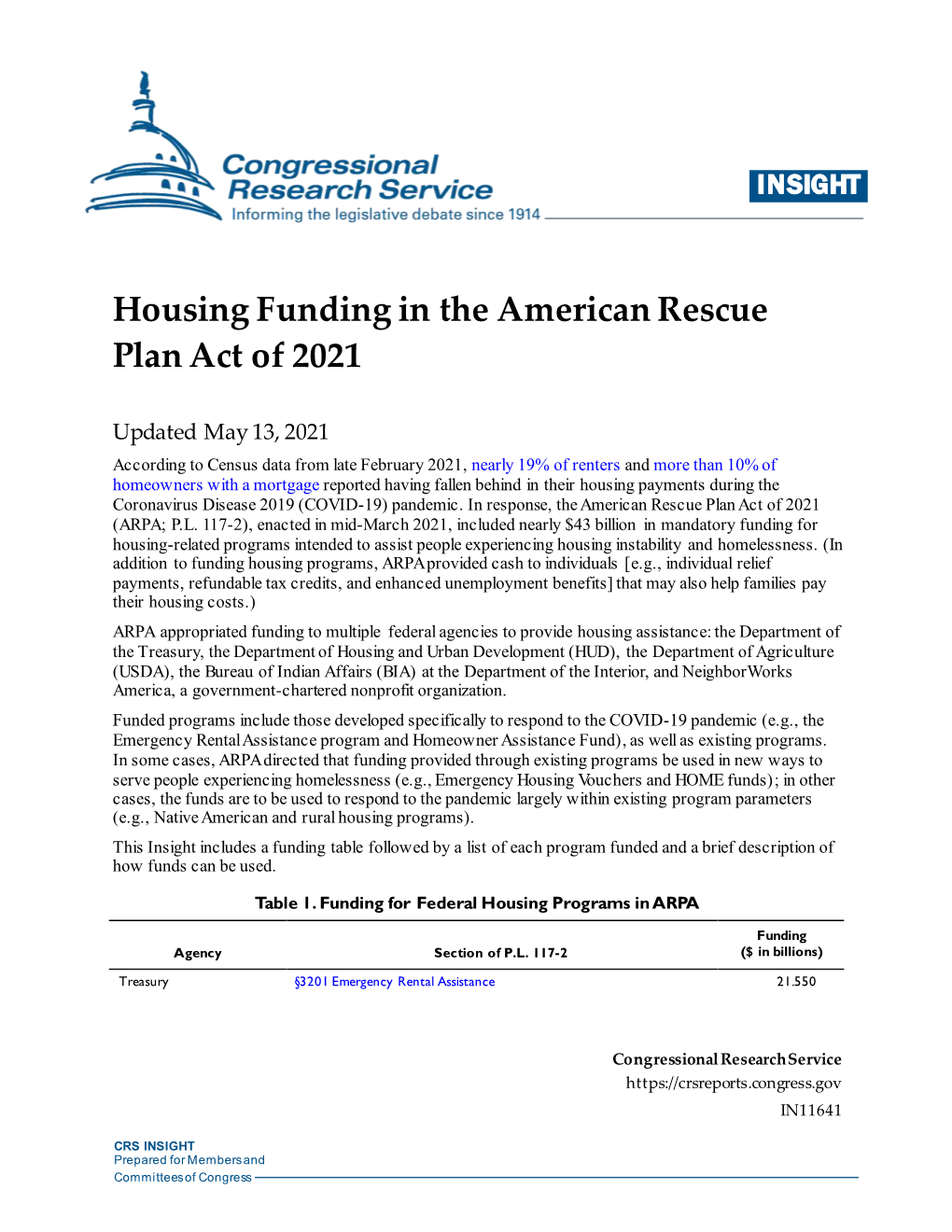 Housing Funding in the American Rescue Plan Act of 2021