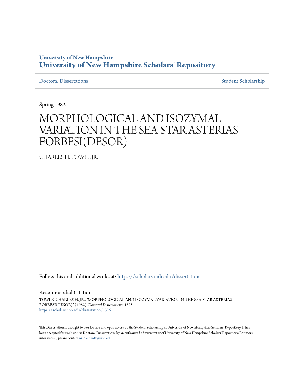 Morphological and Isozymal Variation in the Sea-Star Asterias Forbesi(Desor) Charles H