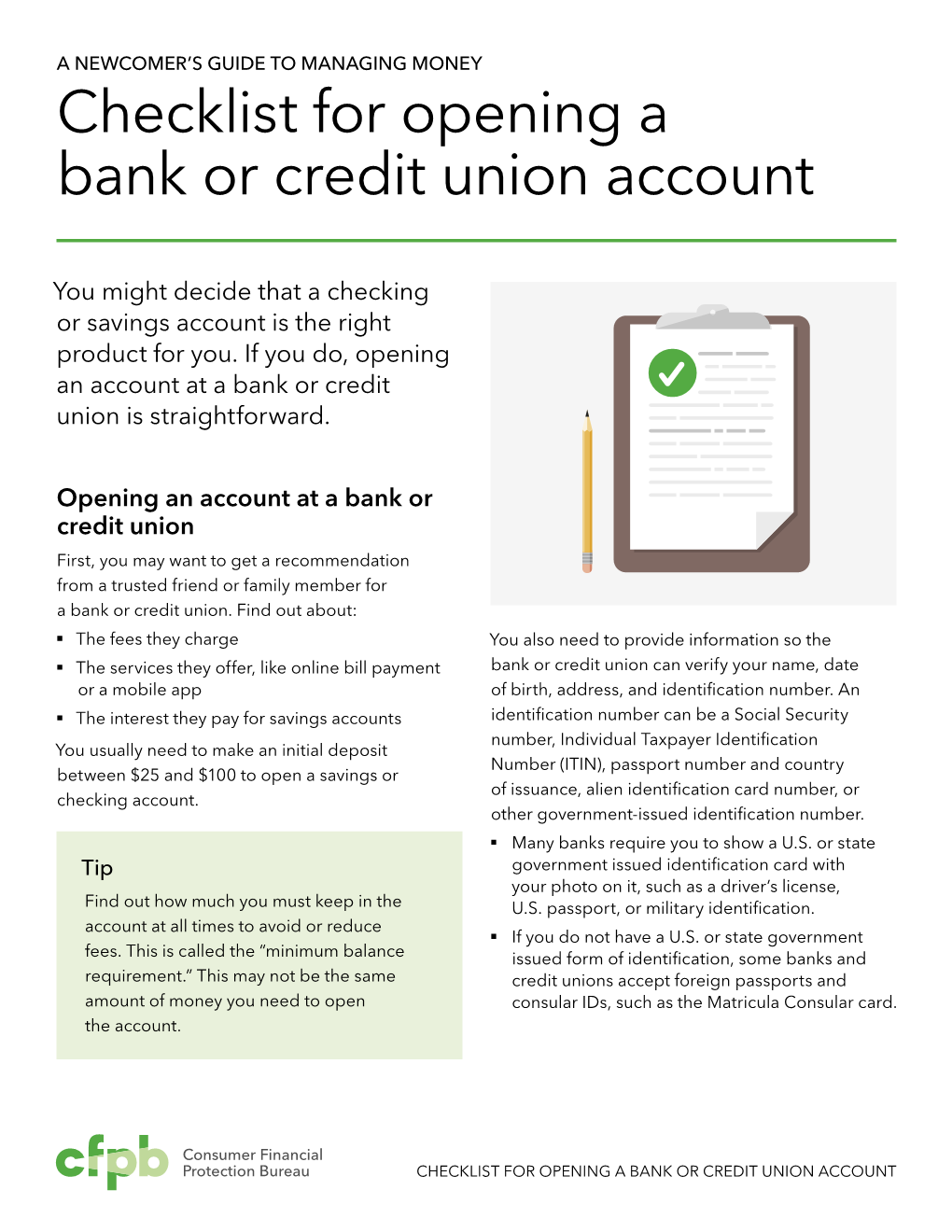 Checklist for Opening a Bank Or Credit Union Account