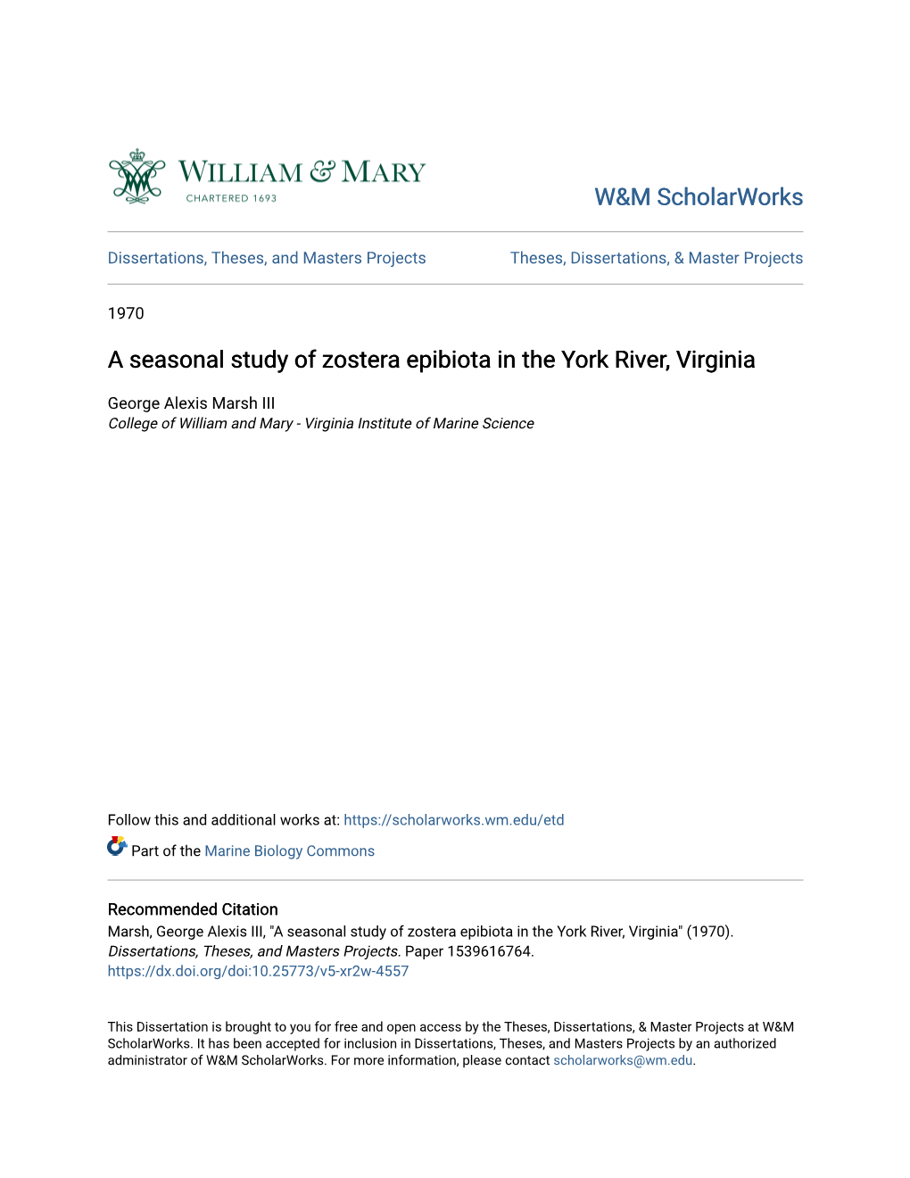 A Seasonal Study of Zostera Epibiota in the York River, Virginia