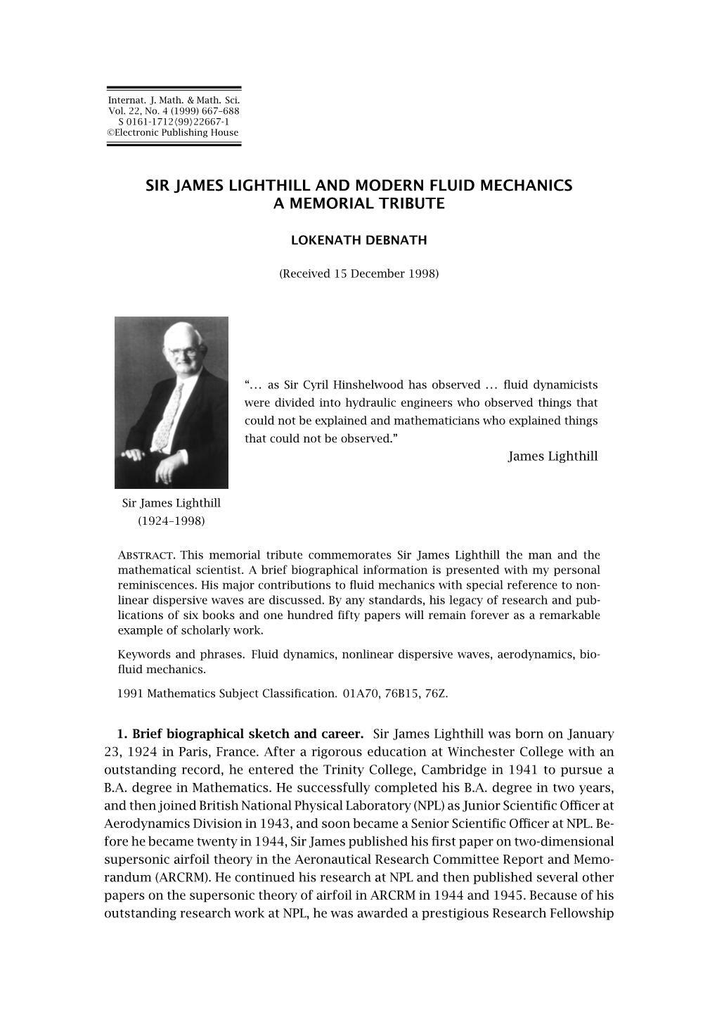 Sir James Lighthill and Modern Fluid Mechanics a Memorial Tribute