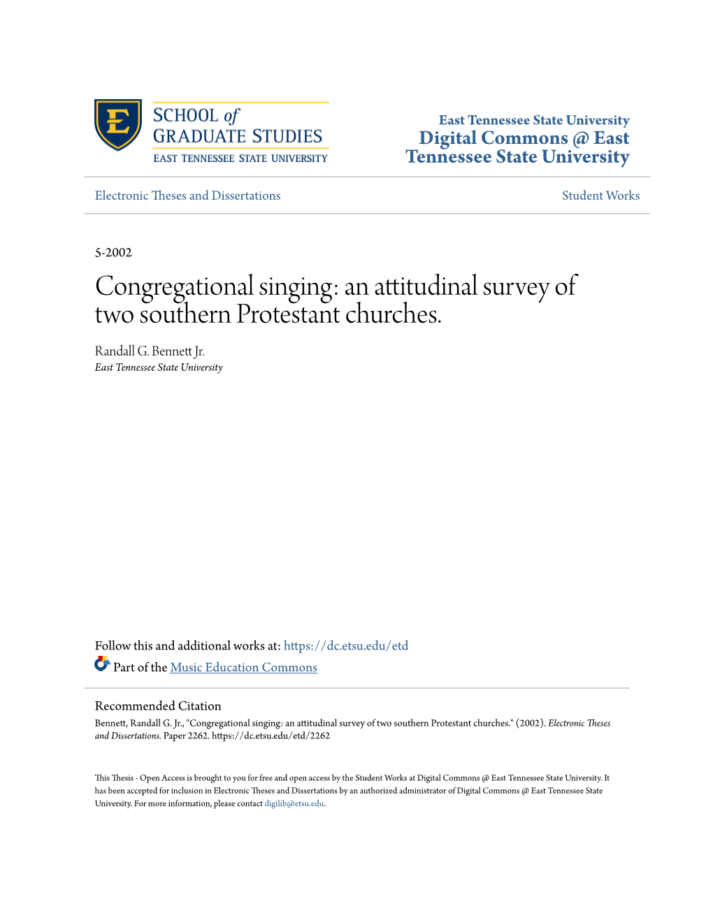 Congregational Singing: an Attitudinal Survey of Two Southern Protestant Churches