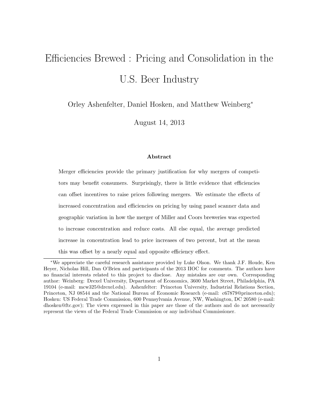 Efficiencies Brewed : Pricing and Consolidation in the U.S. Beer Industry