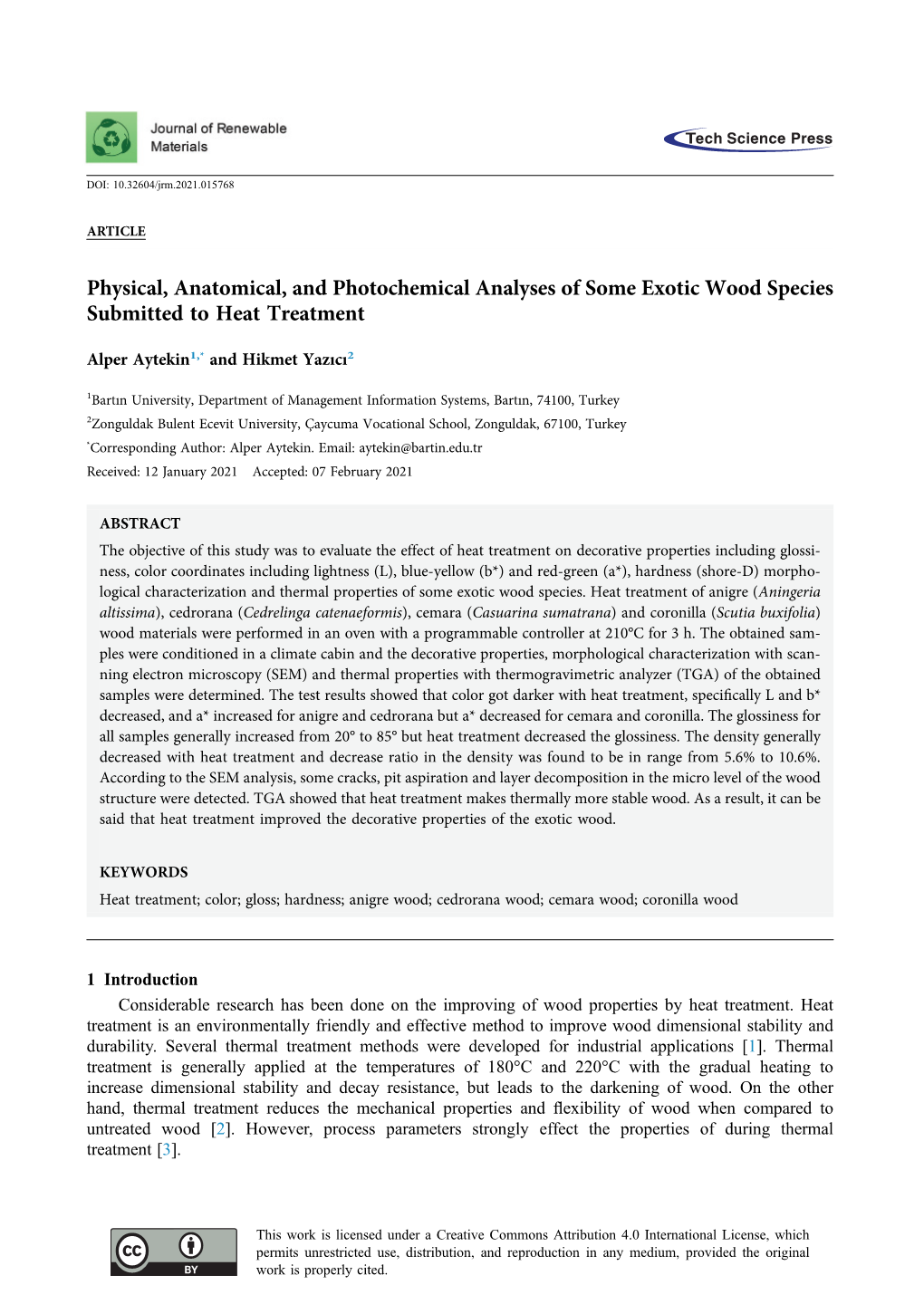 Physical, Anatomical, and Photochemical Analyses of Some Exotic Wood Species Submitted to Heat Treatment