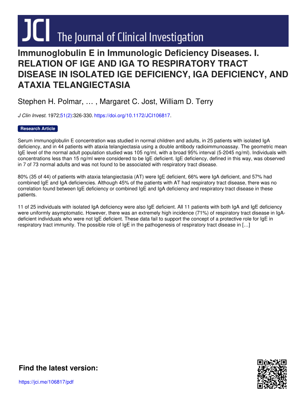 Immunoglobulin E in Immunologic Deficiency Diseases. I. RELATION